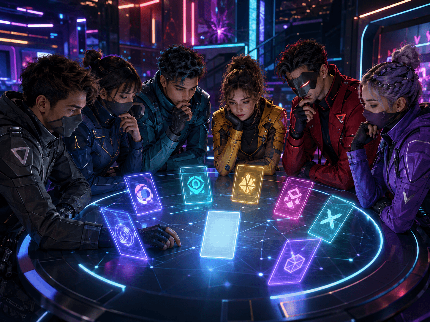 Holographic clue cards surrounding a group during the secondary word-deduction mode